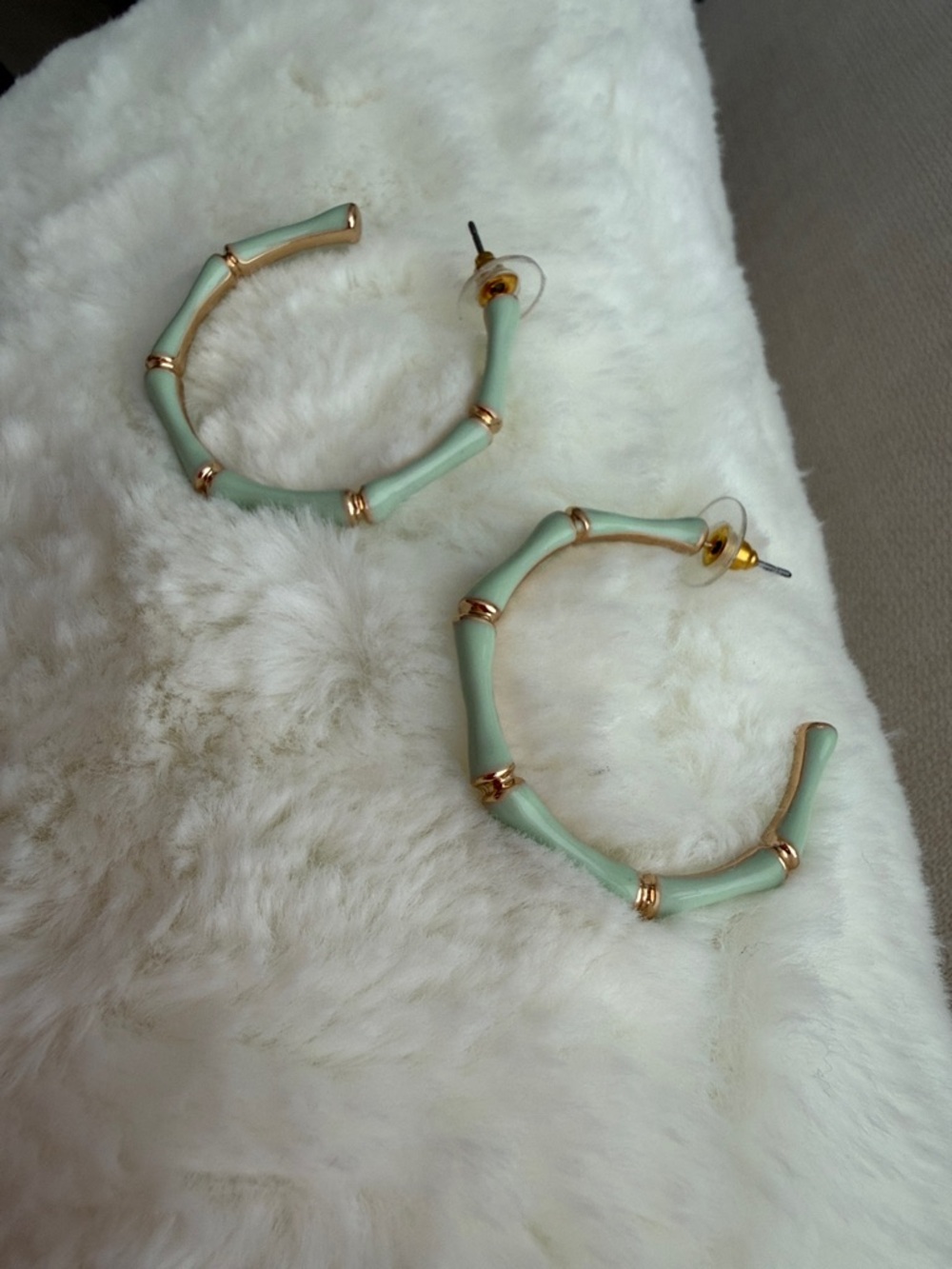 Mint Green Bamboo-Style Hoop Earrings - Gold Accents